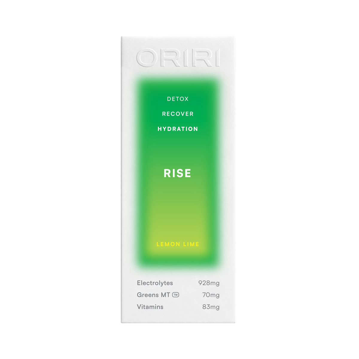 Packaging box for ORIRI Rise of Lemon Lime flavor, featuring a large green-to-yellow gradient panel.