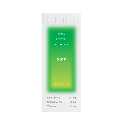 Packaging box for ORIRI Rise of Lemon Lime flavor, featuring a large green-to-yellow gradient panel.
